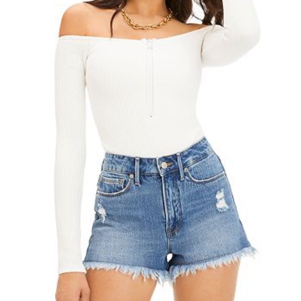 Good American half zip bodysuit in white ribbed